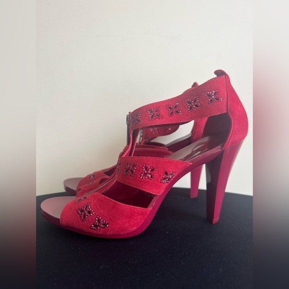 Michael Kors “Berkeley” Red Suede Front Zip Cone Heel Sandal - Picture 2 of 6